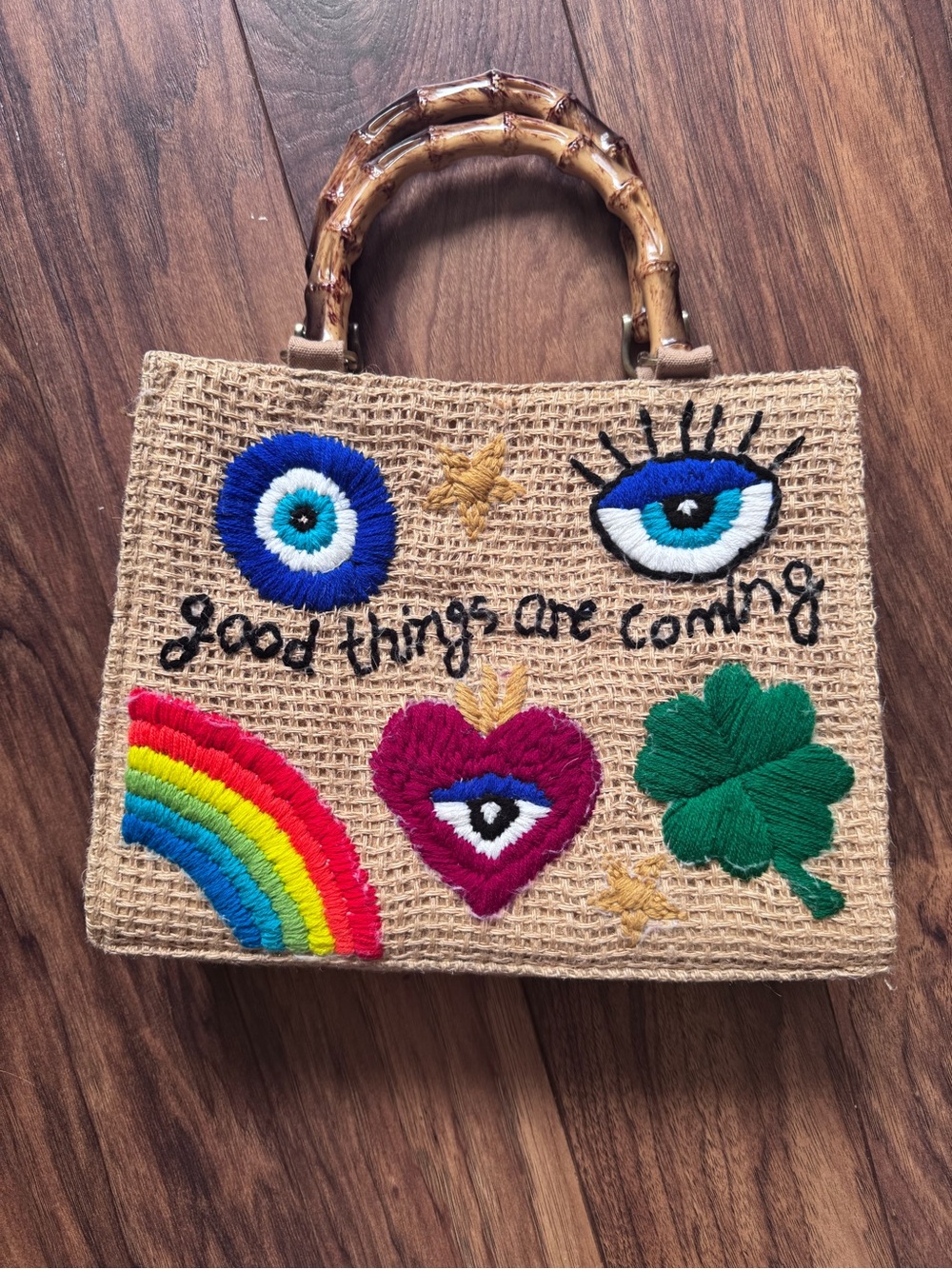 Handcrafted Embroidered Straw Tote Bag - Natural with Colorful Motifs